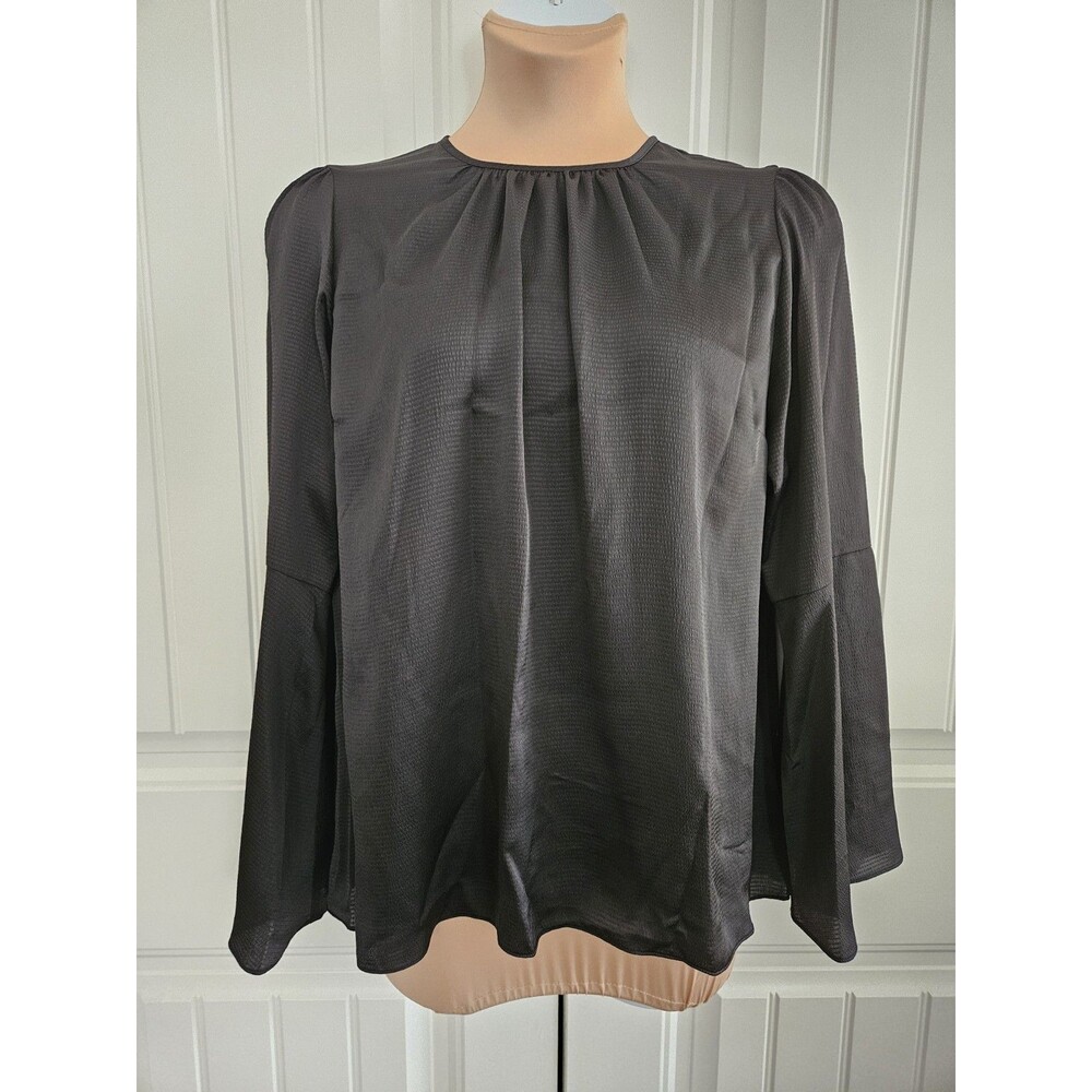 Michael Kors Black Satin Blouse Long Bell Flared Sleeves Sz XL